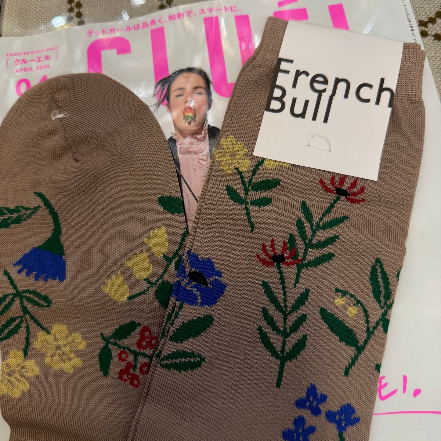 French Bull Beige Floral Long Socks, made in Japan