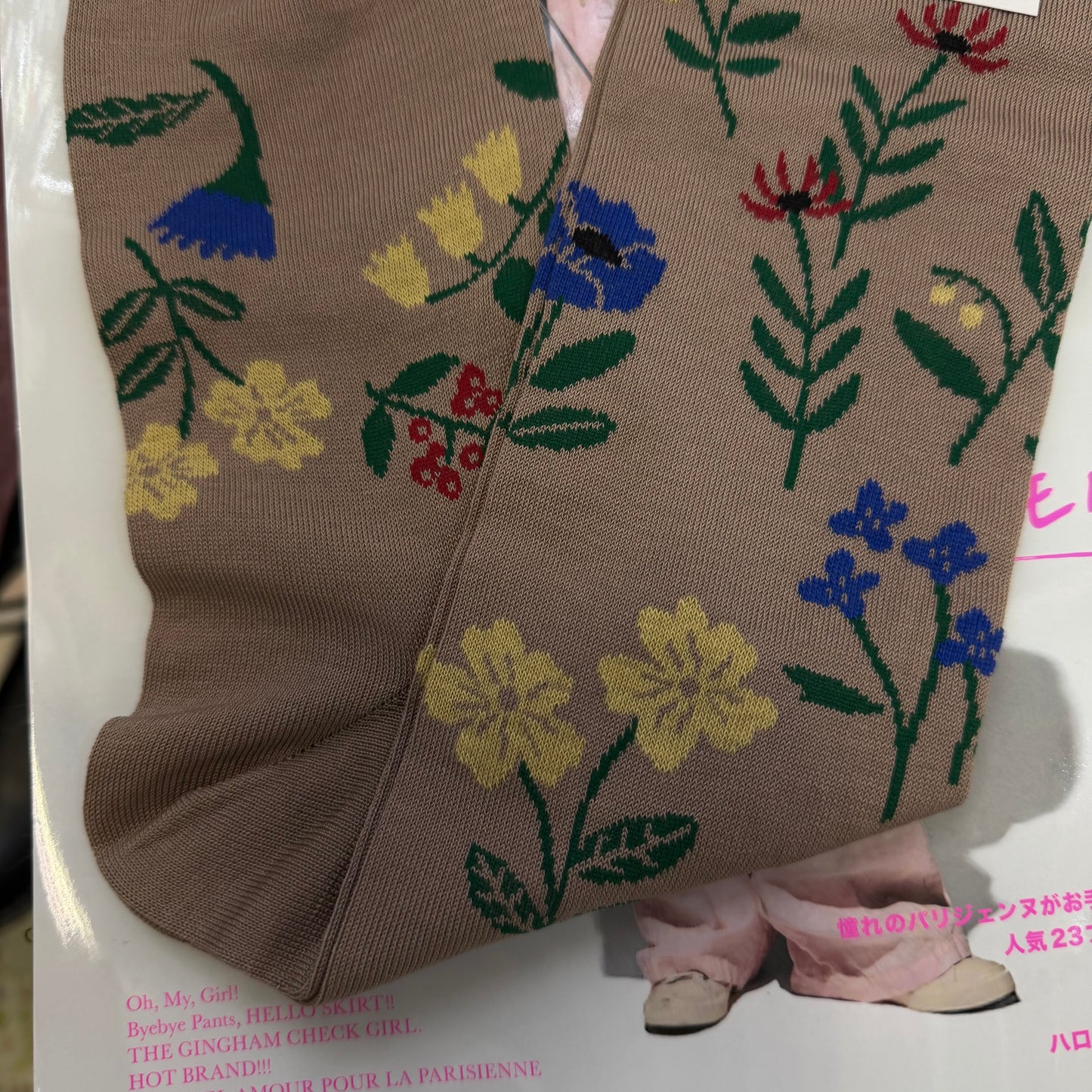 French Bull Beige Floral Long Socks, made in Japan
