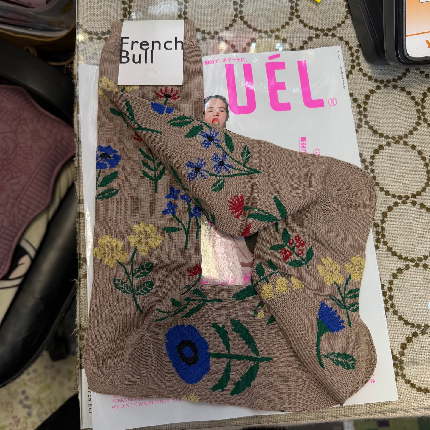 French Bull Beige Floral Long Socks, made in Japan