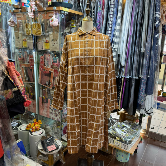 EXTRA20- ICHI Antiquites Beige Checked Long Shirt, Dress, made in Japan