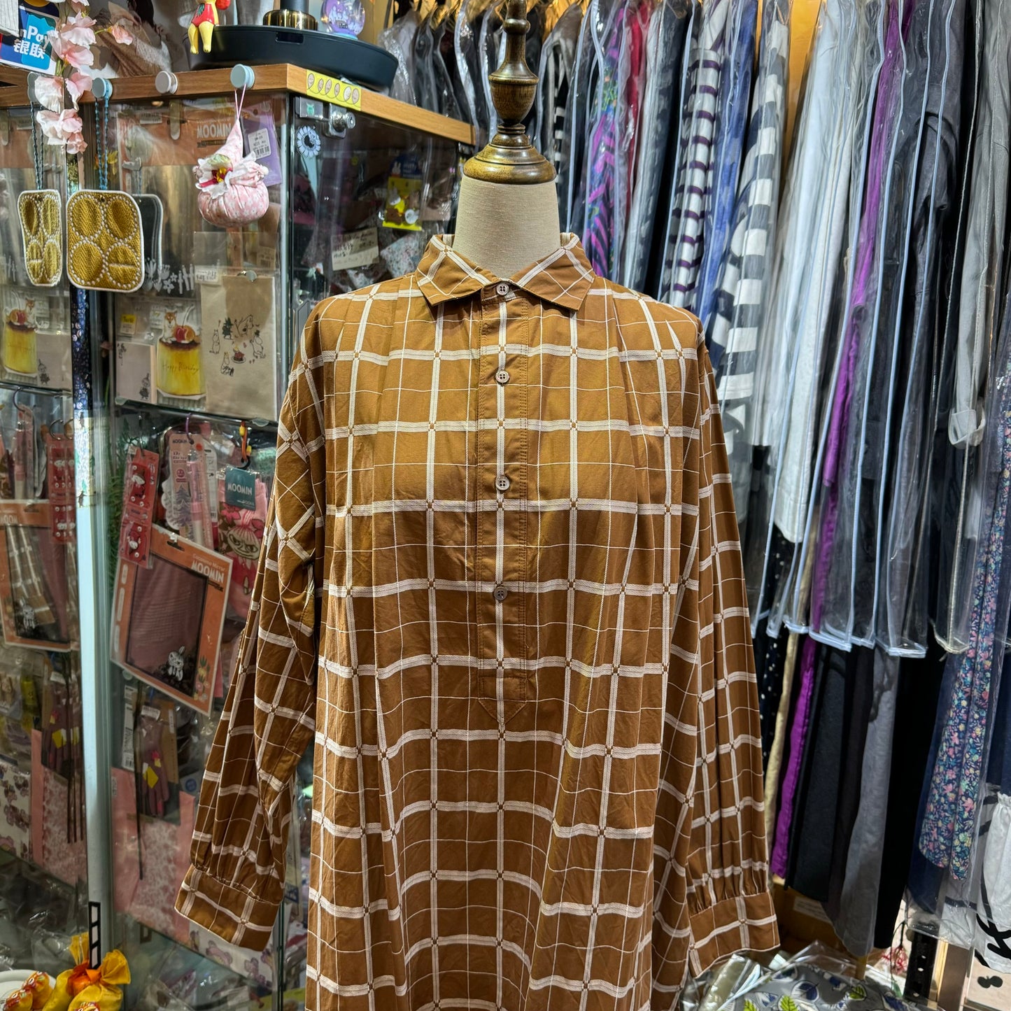 EXTRA20- ICHI Antiquites Beige Checked Long Shirt, Dress, made in Japan