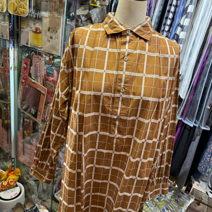 EXTRA30- ICHI Antiquites Beige Checked Long Shirt, Dress, made in Japan