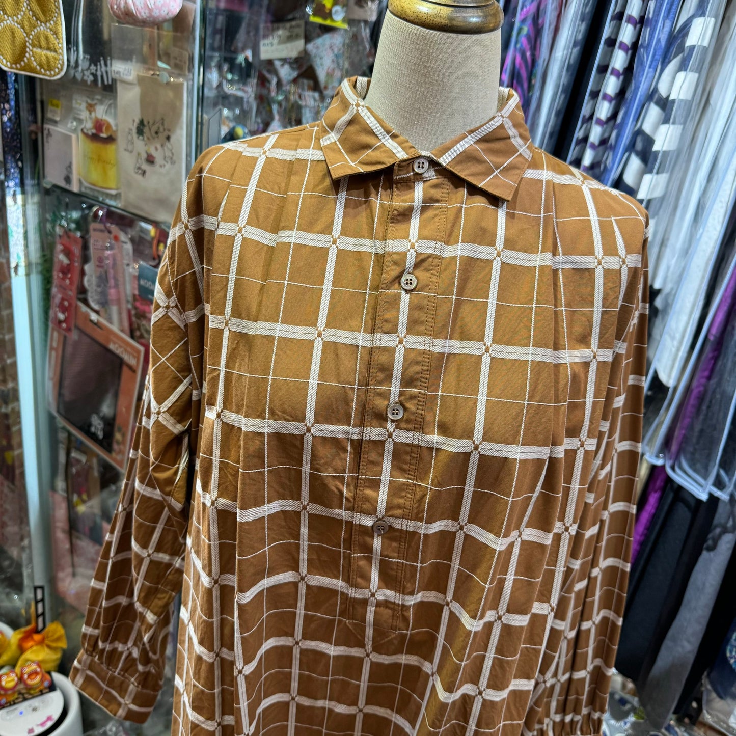 EXTRA20- ICHI Antiquites Beige Checked Long Shirt, Dress, made in Japan