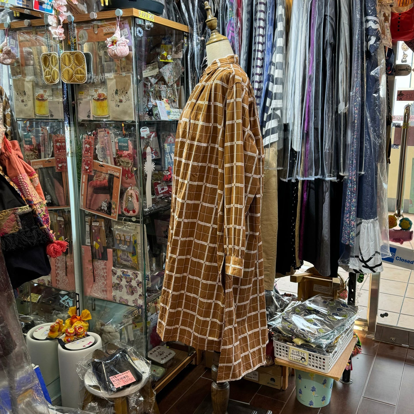 EXTRA20- ICHI Antiquites Beige Checked Long Shirt, Dress, made in Japan