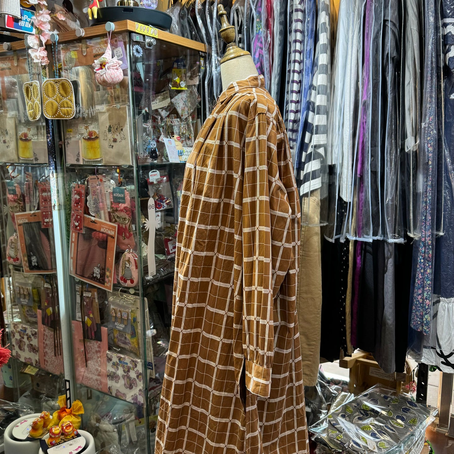 EXTRA20- ICHI Antiquites Beige Checked Long Shirt, Dress, made in Japan