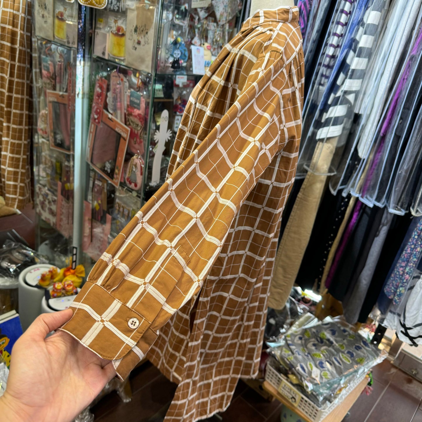 EXTRA20- ICHI Antiquites Beige Checked Long Shirt, Dress, made in Japan