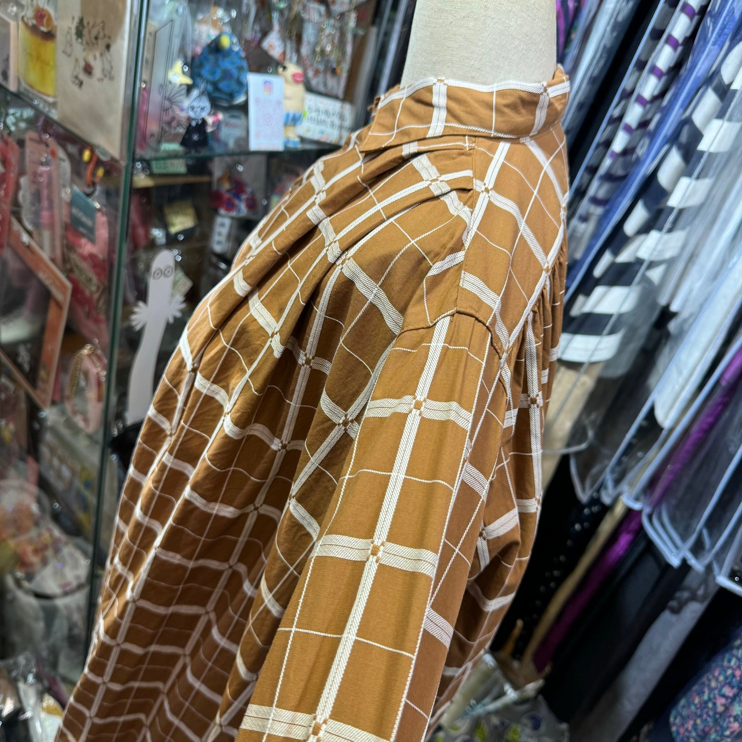 EXTRA20- ICHI Antiquites Beige Checked Long Shirt, Dress, made in Japan