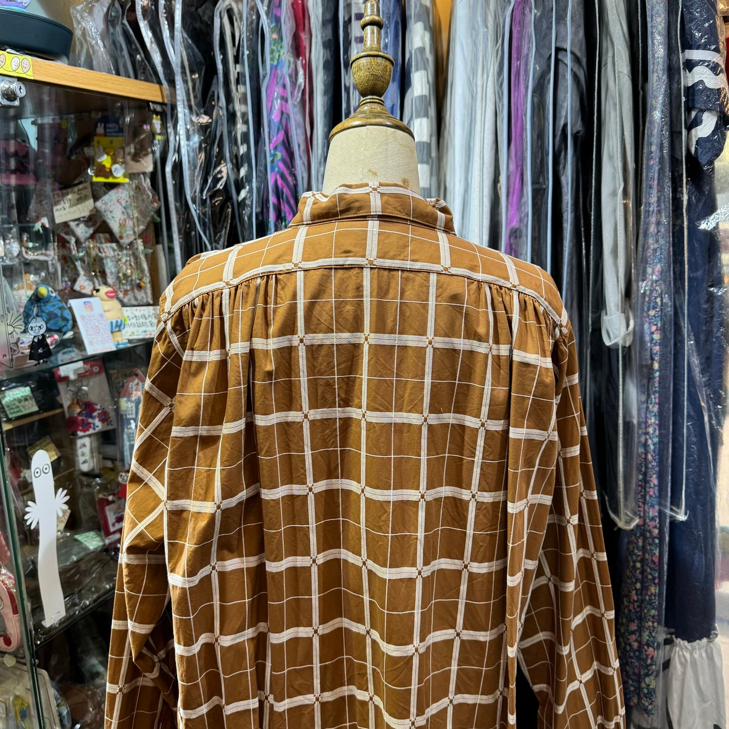 EXTRA20- ICHI Antiquites Beige Checked Long Shirt, Dress, made in Japan