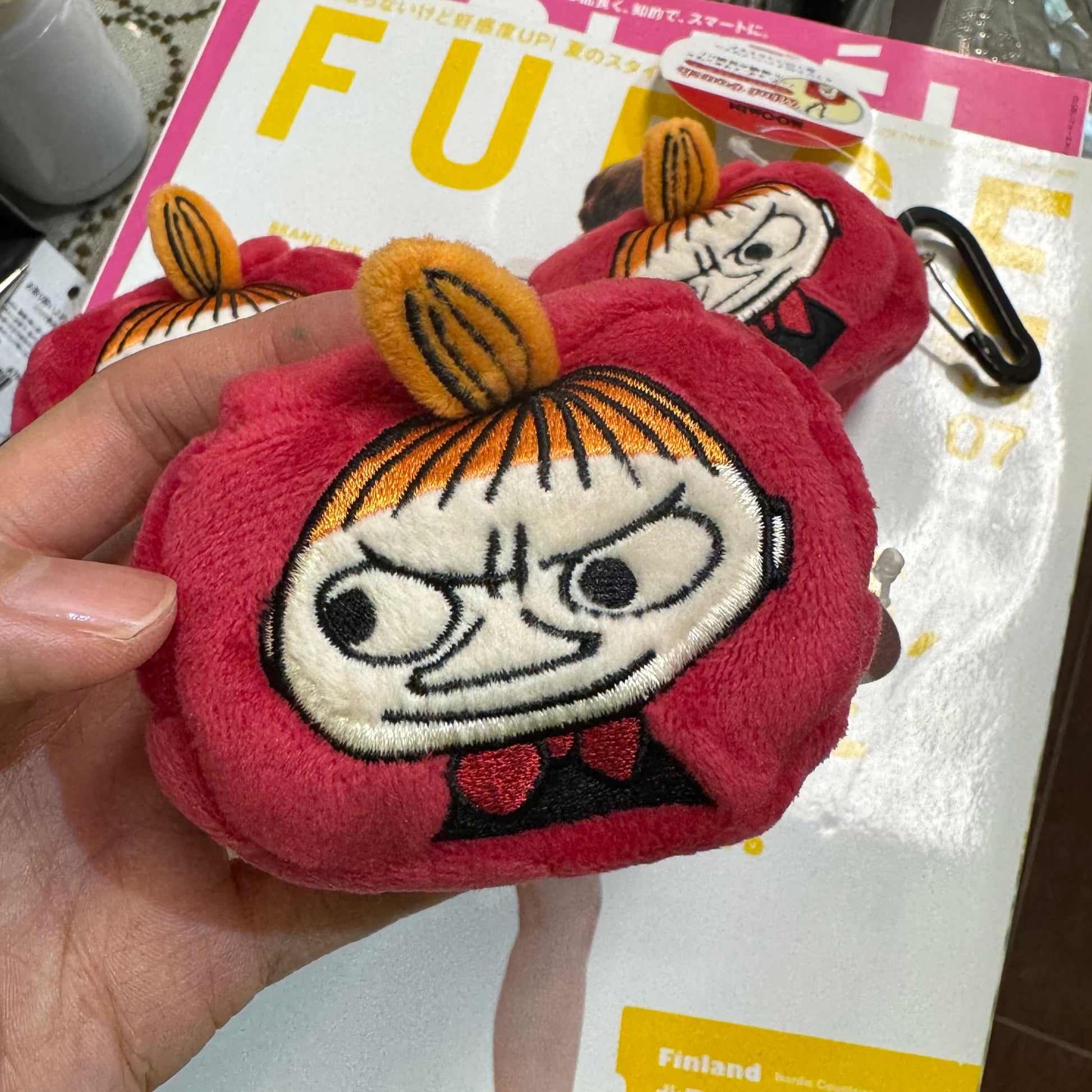 Plush keychain with cartoon character held by a hand, with a magazine in the background.