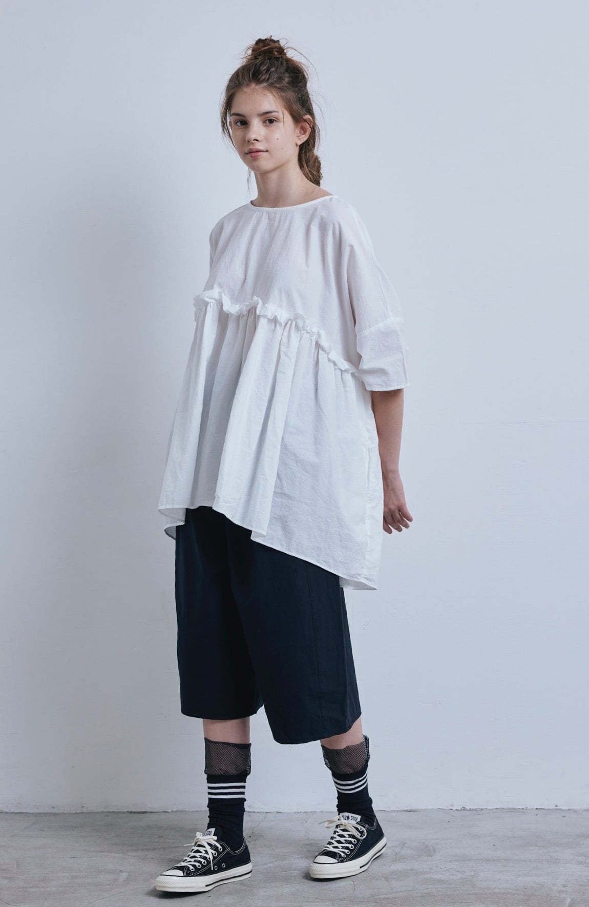 (g) Frill White Gather Tunic, made in Japan