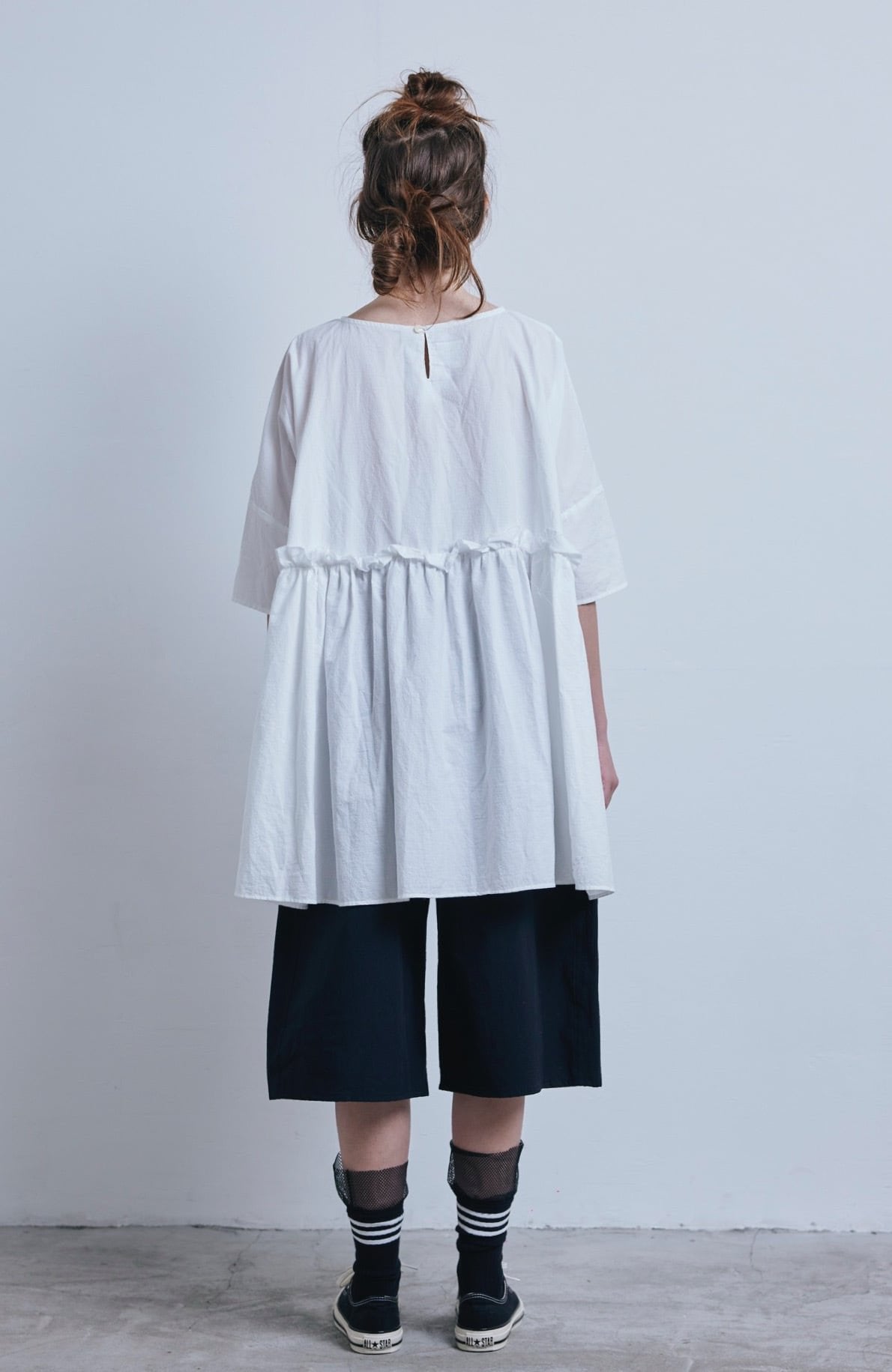 (g) Frill White Gather Tunic, made in Japan
