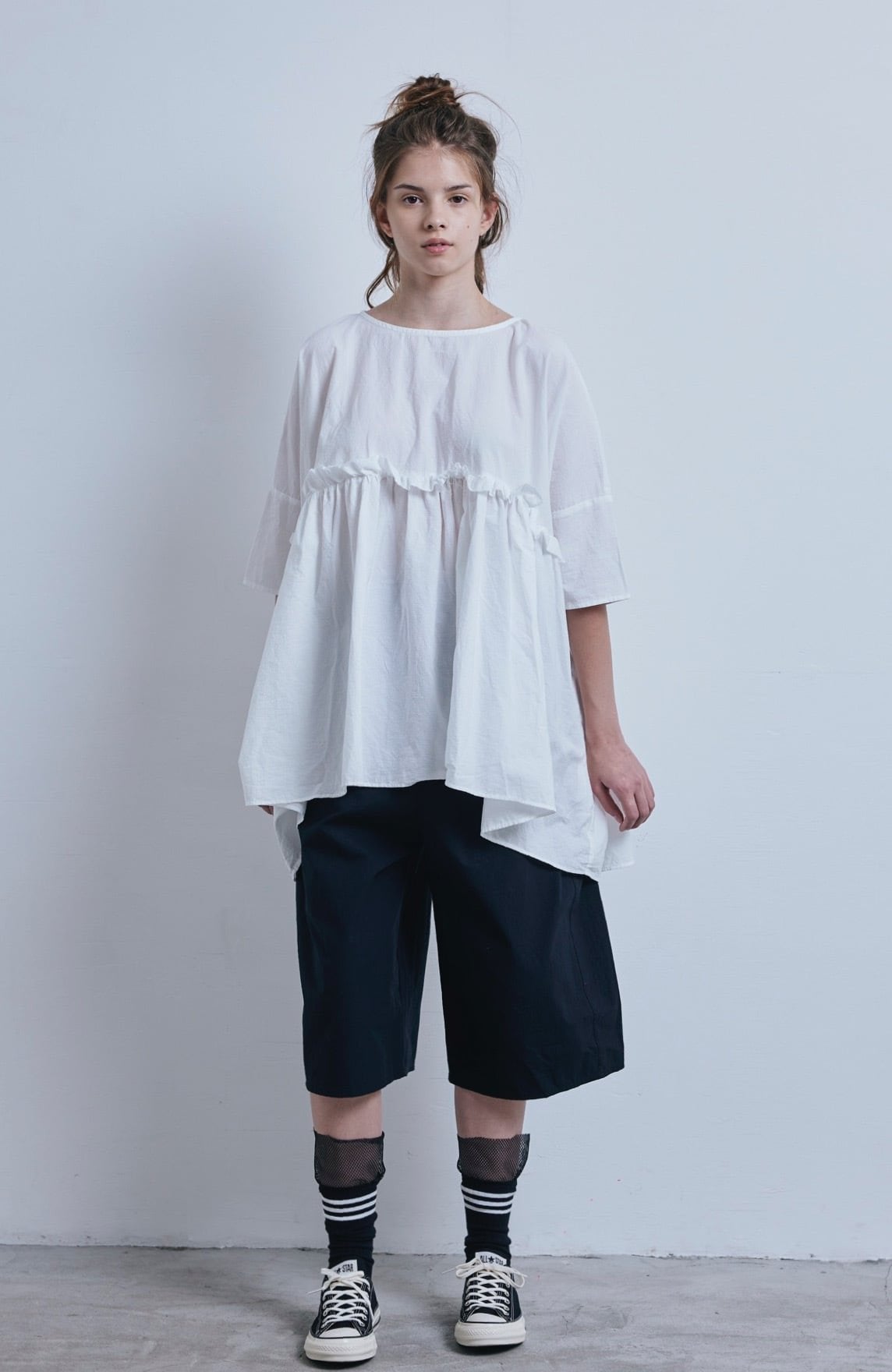 (g) Frill White Gather Tunic, made in Japan