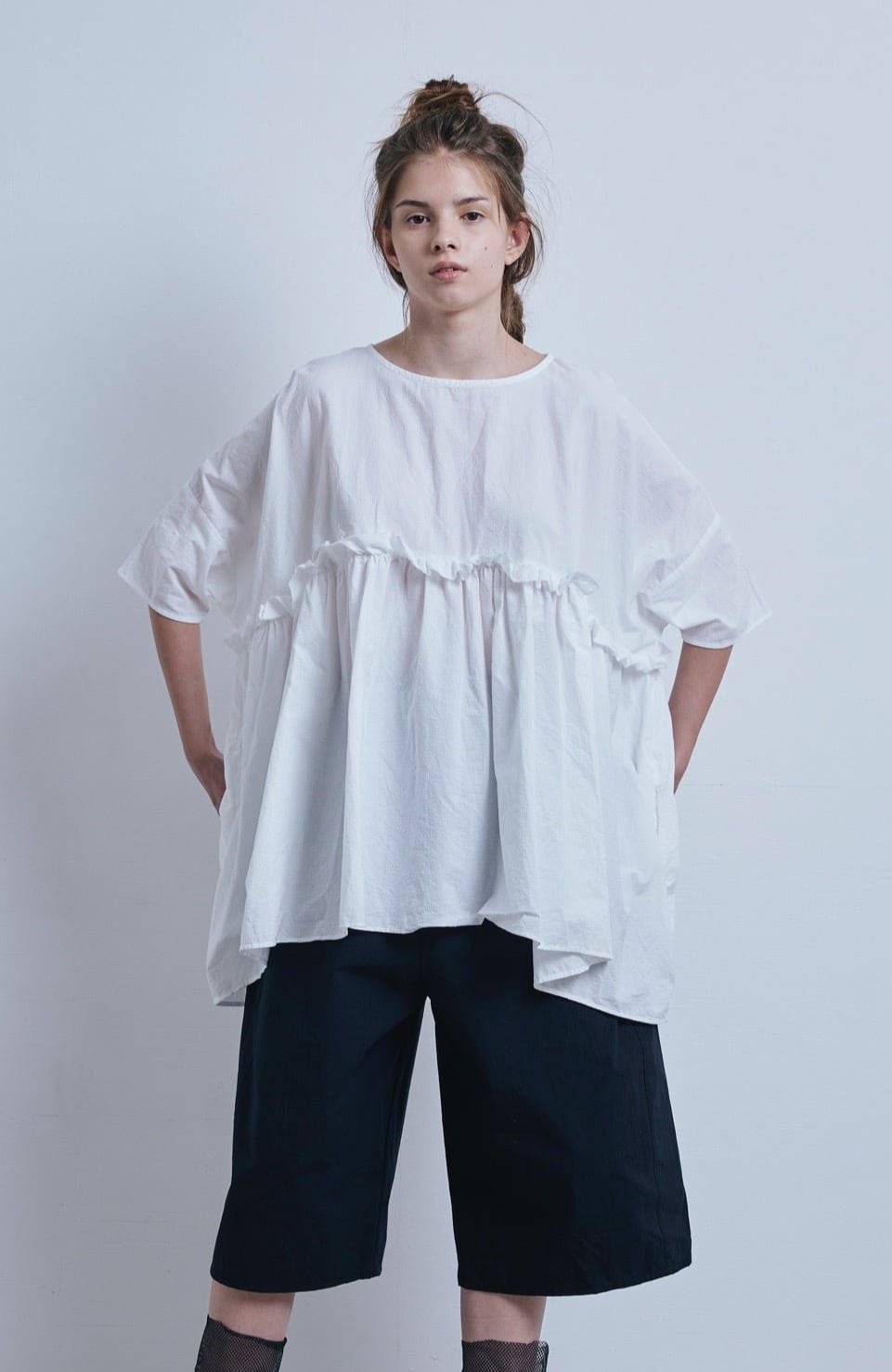 (g) Frill White Gather Tunic, made in Japan