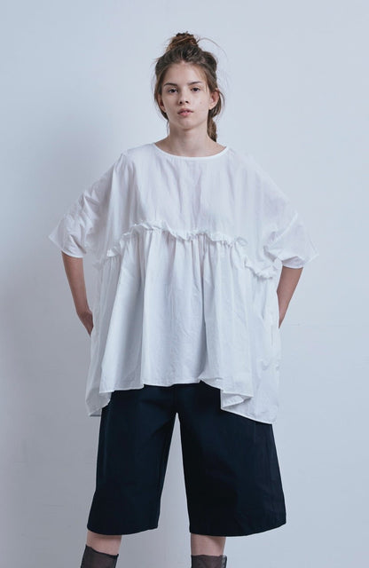 Sale- (g) Frill White Gather Tunic Top, made in Japan