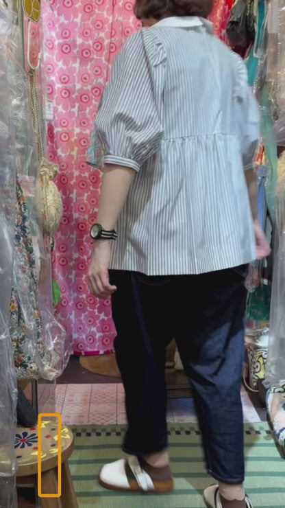 Sale- Drowse and yet... Ribbon Collar Striped White Top, made in Japan